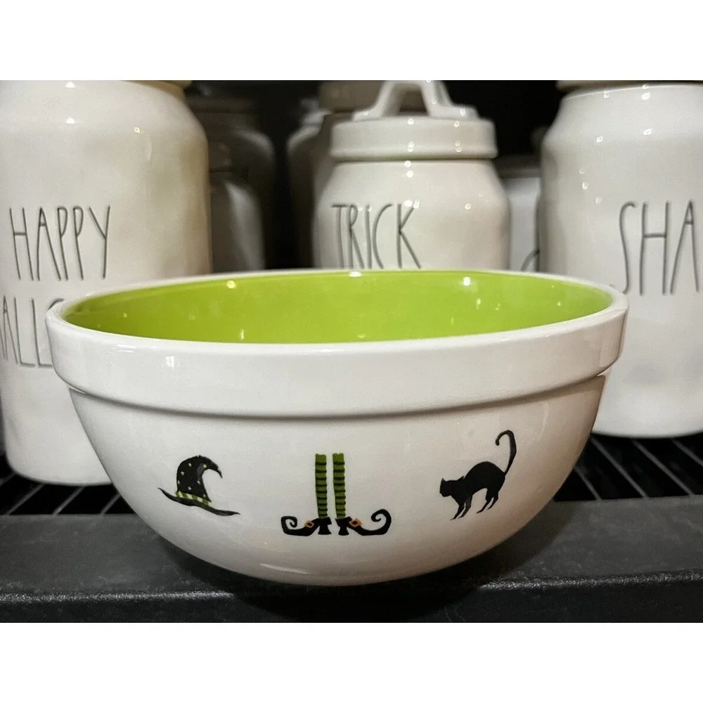 Rae Dunn Hocus Pocus Halloween Ceramic Candy Mixing Bowl Black Cat Witch Hat Leg